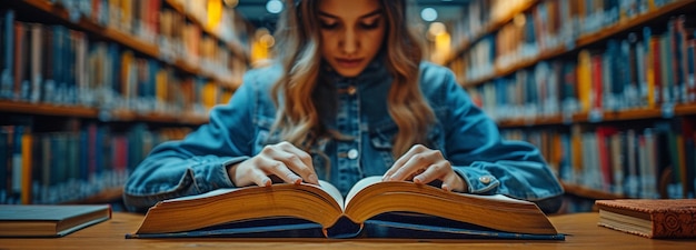 Mãos abrindo livros didáticos para aprender sobre educação ao lado de um livro universitário rackin a mesa de leitura da biblioteca acadêmica na sala de aula