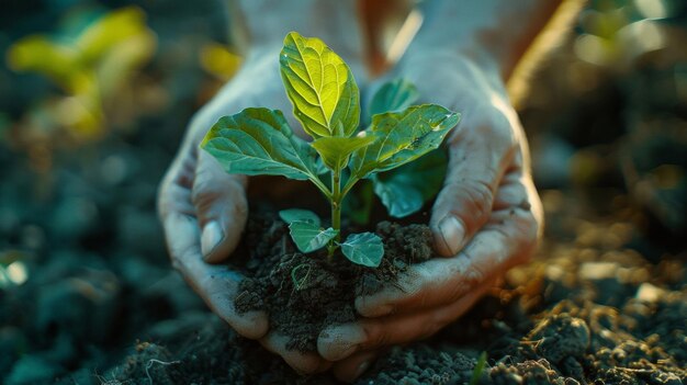 Mãos aconchegando uma planta jovem no solo