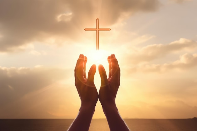 Mãos adorando uma cruz com pôr do sol e luz celestial