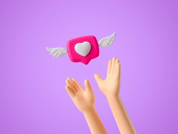 Mãos alcançando um alfinete como um coração com asas Novo público e postando um comentário renderização 3d