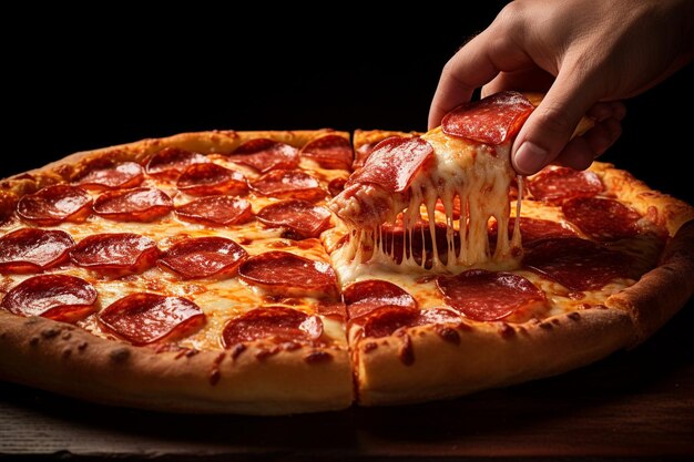 Mãos alcançando uma fatia de pizza pepperoni de um prato de serviço