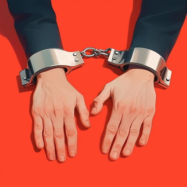 Foto mãos algemadas contra um fundo vermelho simbolizando prisão ou prisão para social media post si