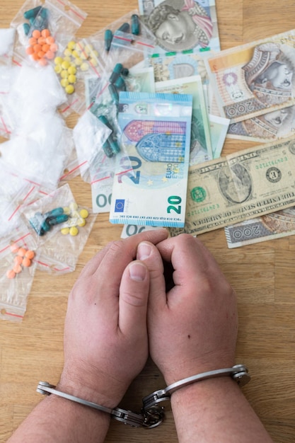 Foto mãos algemadas de um homem apanhado a vender drogas.