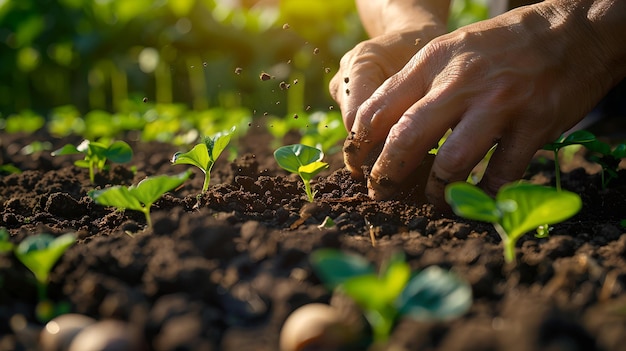 Mãos alimentando plantas jovens no solo sob a luz solar conceito de crescimento agrícola sustentável mãos agrícolas cuidando de mudas conservação ambiental ia