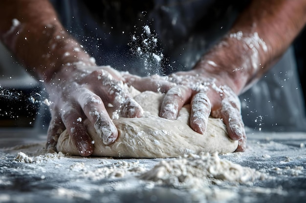 Mãos amassando a massa de pizza de perto em uma superfície farinhada Conceito Cozinhar Forno caseiro Preparação de alimentos Fabricação de massa