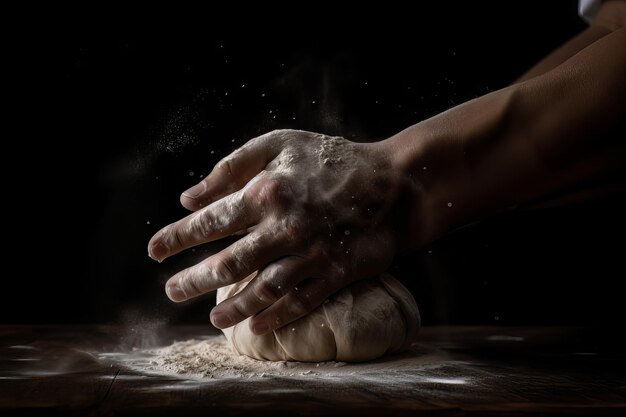 Mãos amassando massa em um fundo escuro Na cozinha, o chef se prepara para assar pizza de pão