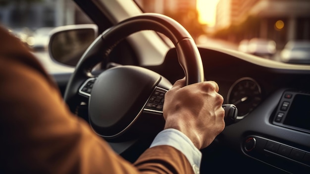Mãos ao volante e condução para a segurança do seguro de veículo e viagens numa cidade ao nascer do sol ou