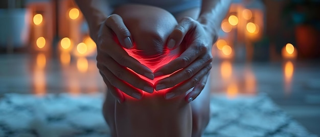 Mãos apertando um joelho dolorido em brilho vermelho Fotografia conceitual Dor Luz vermelha Corpo humano Joelho dolorido