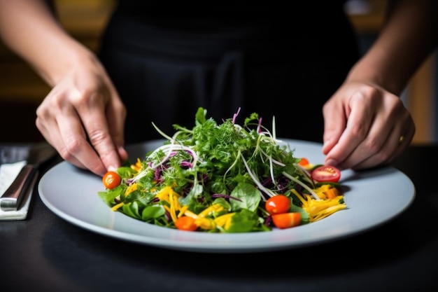 Mãos arrumando delicadamente a salada em um prato moderno