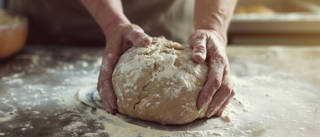 Mãos artesanais amadamente amassam massa em uma superfície de cozinha rústica o início de um pão que conta uma história