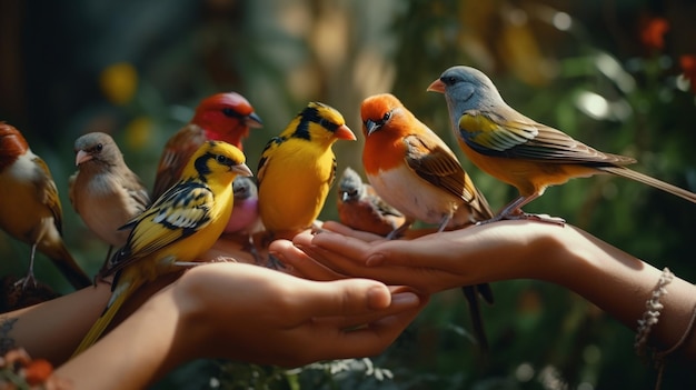 Foto mãos bonitas segurando pássaros selvagens lindos imagem ai gerada arte