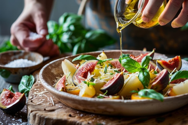 Mãos borbulhando azeite de oliva sobre a salada com figos, queijo, nectarinas e folhas de manjericão