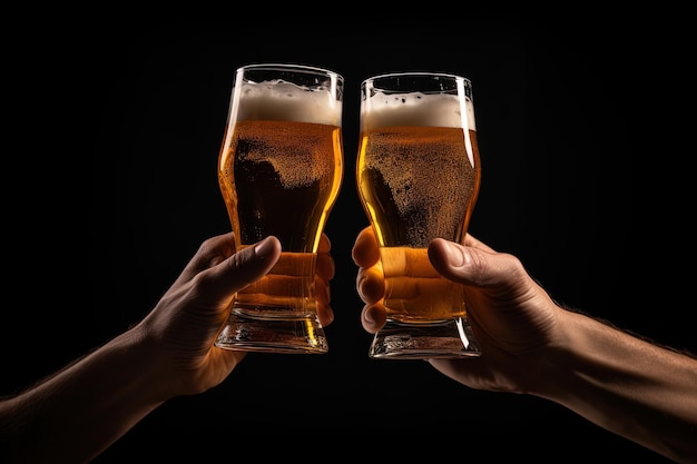 Foto mãos brindando com copos de cerveja isolados no fundo preto