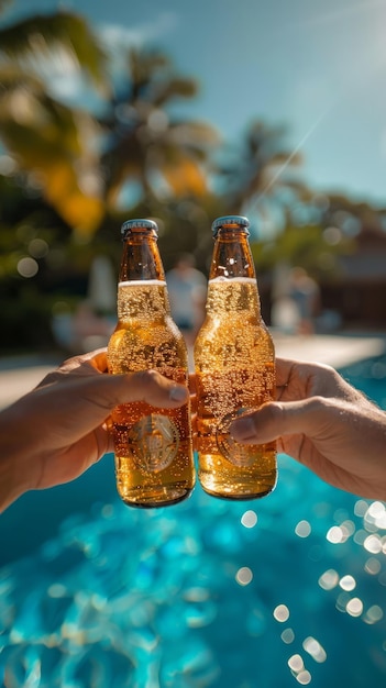 Foto mãos brindando com garrafas de cerveja em um dia de verão à beira da piscina ia generativa