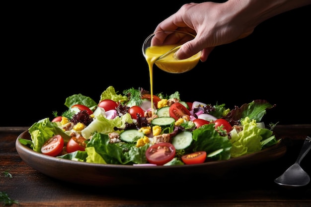 Mãos chovendo molho em uma salada mista fresca