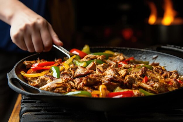 Mãos colocando a suculenta carne de fajita em uma frigideira quente