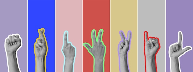 Mãos com colagem de linguagem de sinais