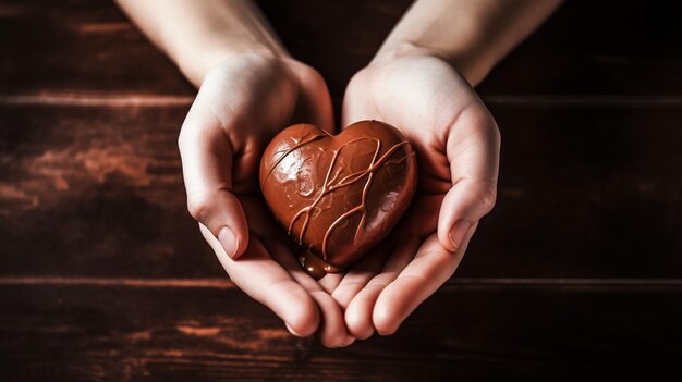 Mãos com coração de chocolate