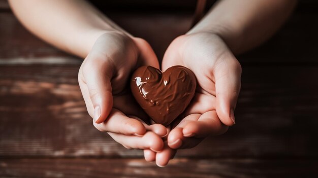 Mãos com coração de chocolate