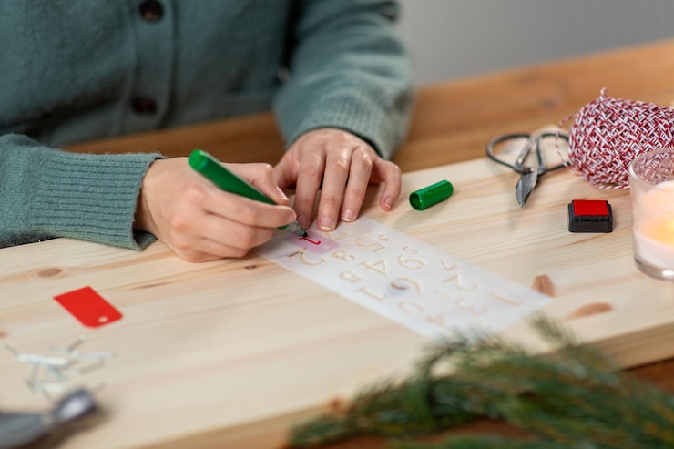 Foto mãos com estêncil e marcador desenhando no natal