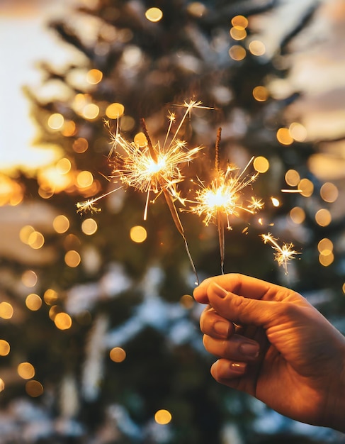 Foto mãos com faíscas brilhantes e detalhes e decoração de natal de fundo