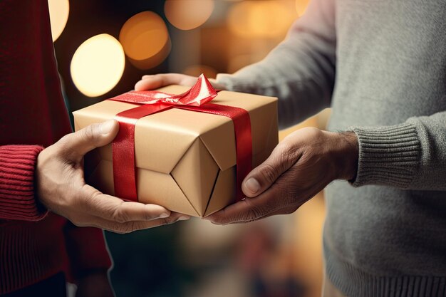 Foto mãos com presente de natal, homem feliz, receber caixa de natal da entrega fechar cartão de felicitações de natal