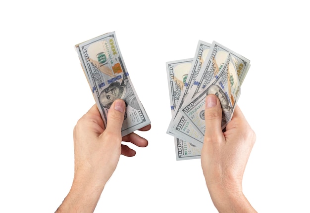 Foto mãos contando notas de dólar de dinheiro americano isoladas em fundo branco papel-moeda dos eua