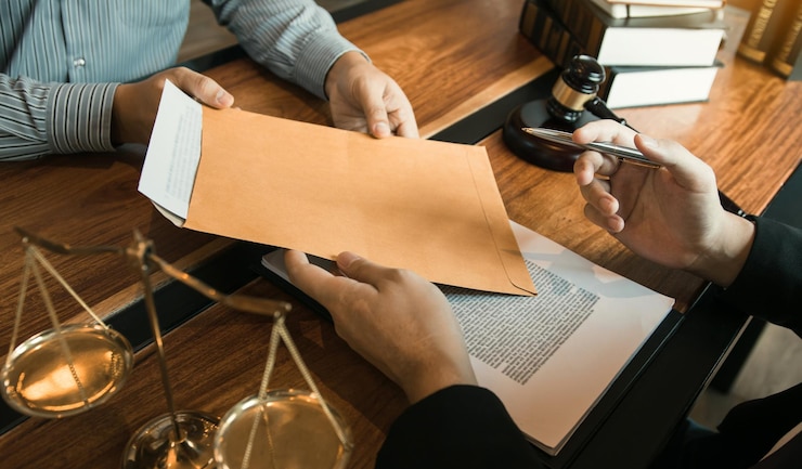 Foto mãos cortadas de advogado dando um envelope a um colega de trabalho no escritório