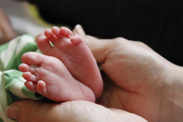 Mãos cortadas de mãe tocando os pés do bebê