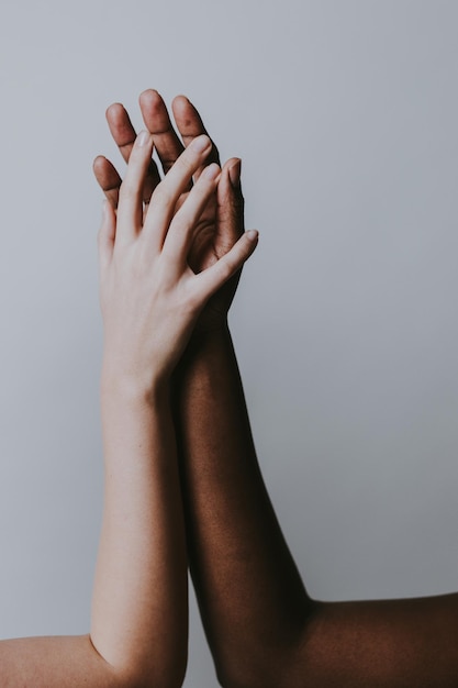 Mãos cortadas de mulheres contra um fundo cinzento