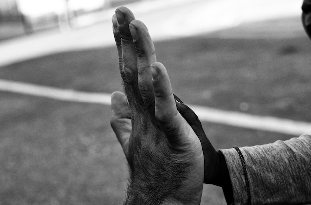 Mãos cortadas de pai e filho a darem um "high-five" ao ar livre.