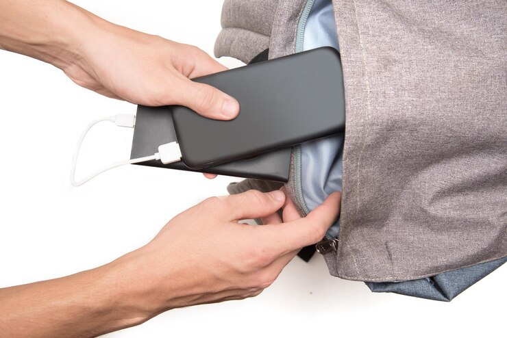Foto mãos cortadas de pessoa colocando telefone móvel na mochila em fundo branco
