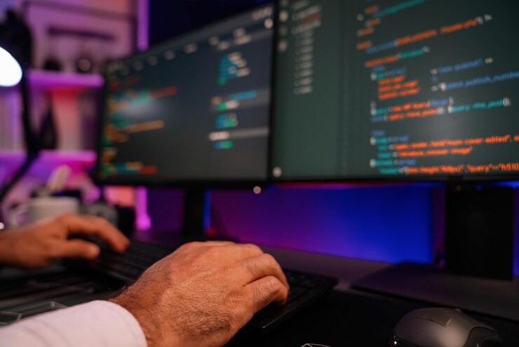 Foto mãos cortadas digitando no teclado de desenvolvedores de ti no computador surmise