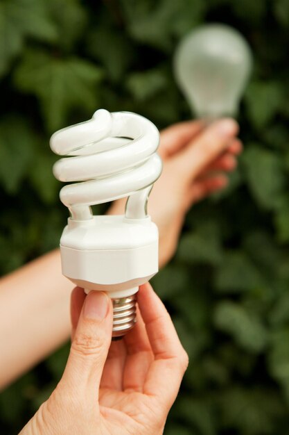 Mãos cortadas segurando lâmpadas contra plantas