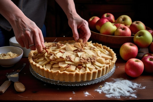 Mãos cortando uma torta de maçã servida em uma mesa de madeira