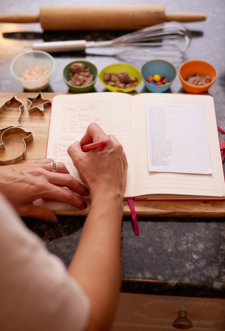 Foto mãos cozinha e escrita em livro para receita em bancada para jantar tempero e sabor em casa pessoa ingredientes e caderno com menu na mesa para método de cozimento e preparar a refeição
