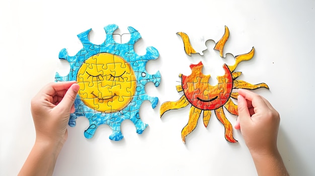 Mãos criativas montando quebra-cabeças de um sol e um vírus Imagens conceituais simples e brilhantes adequadas para temas educacionais IA