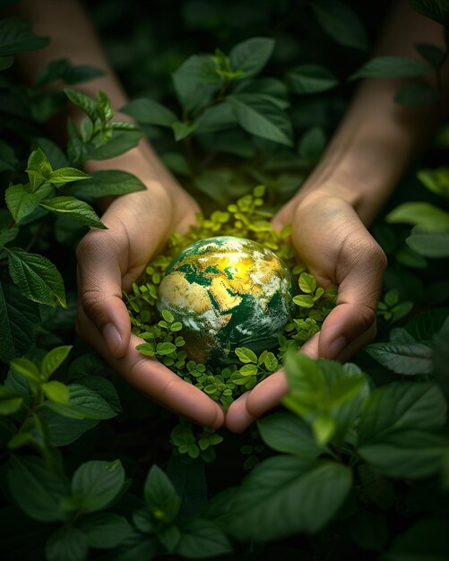 Foto mãos cuidando de um globo pintado em meio a folhas verdes exuberantes enfatizando o cuidado ambiental do dia da terra