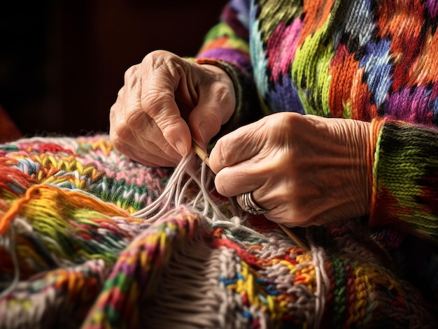 mãos da mulher que tricota fios de lã gerados