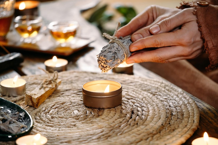 Foto mãos da mulher queimando sálvia branca antes do ritual na mesa com velas e plantas verdes fumaça de