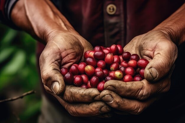 Mãos de agricultores entre frutas de café