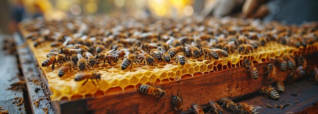 Mãos de apicultores segurando e examinando uma estrutura de colmeia com um favo de mel exibindo mel e células de reprodução