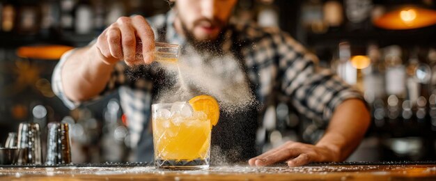 Foto mãos de barman fazendo um coquetel antiquado soprando poeira da guarnição de laranja