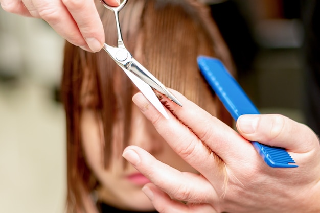 Mãos de cabeleireiro corta pontas de cabelo de mulher no salão de beleza. Tonificado.