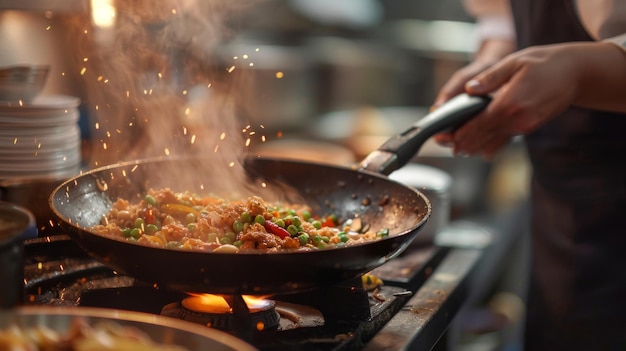 mãos de chef em close-up cozinhando comida ou frigideira na cozinha