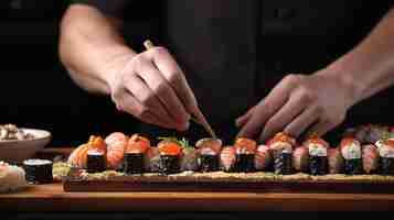 Foto mãos de chefs profissionais preparando rolos de sushi maki