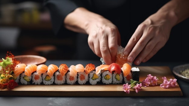 Foto mãos de chefs profissionais preparando rolos de sushi maki