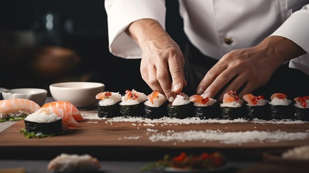 Foto mãos de chefs profissionais preparando rolos de sushi maki