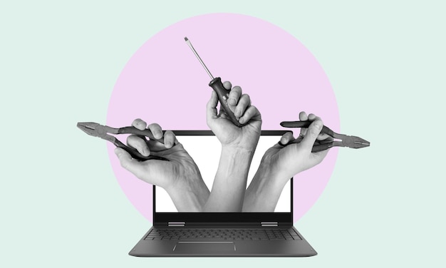 Mãos de colagem de arte com ferramentas de um laptop em fundo claro com espaço para texto