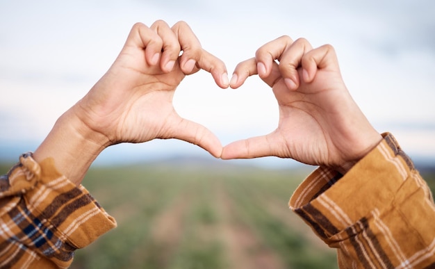 Mãos de coração agricultura e agricultura e campo para sustentabilidade agricultura ou agronegócios na indústria Love emoji sinal de casal de agricultores e crescimento de plantas no campo desenvolvimento sustentável